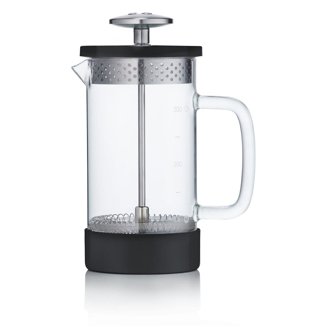 3 cup cafetiere black glass by Barista and Co against a white background for cafetiere coffee