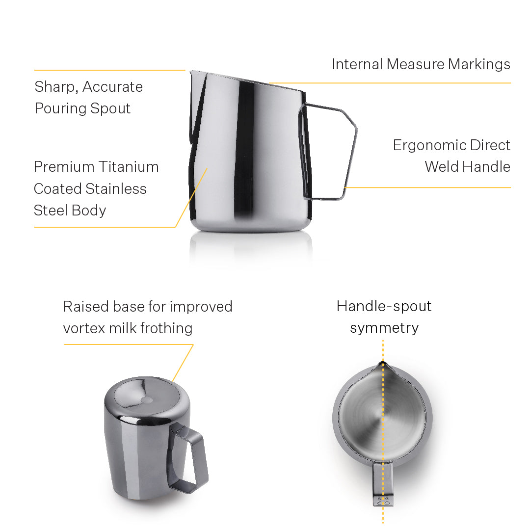 Professional milk pitchers with sharp accurate pouring spout 