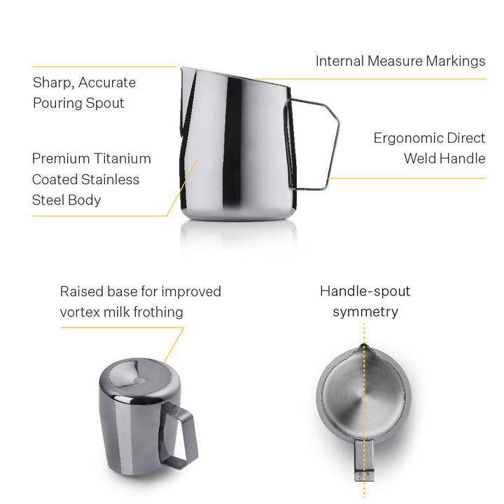 Professional milk pitchers with sharp accurate pouring spout 