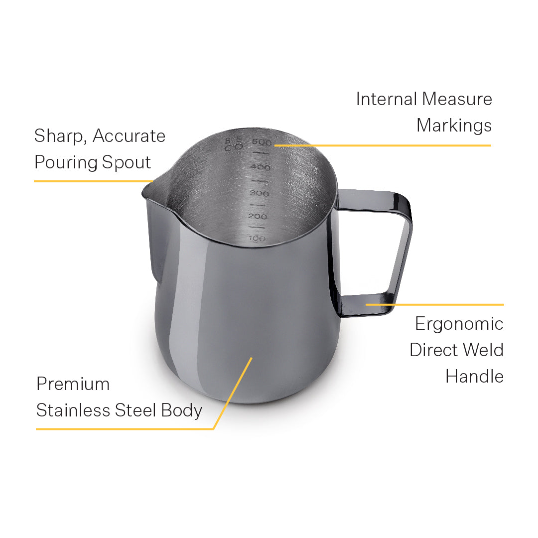 Steel milk pitcher with internal measure markings
