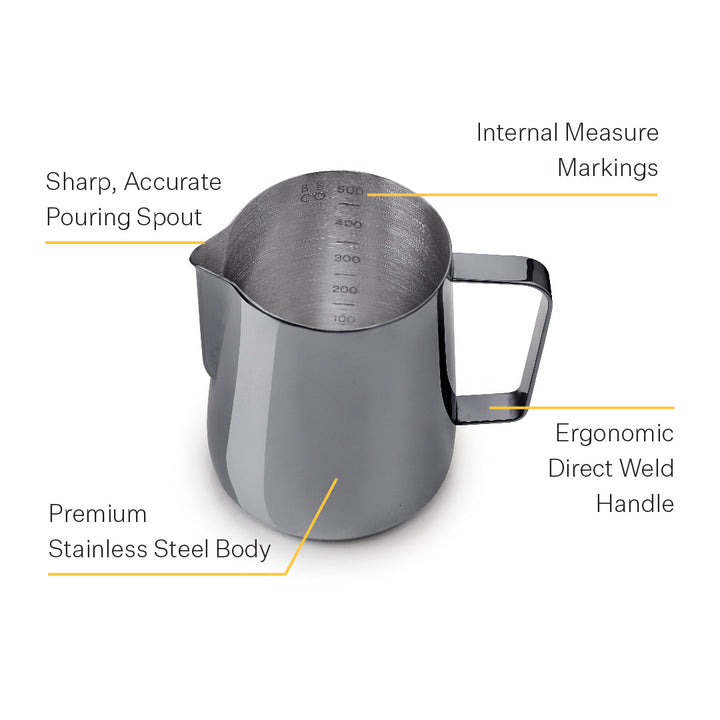 Steel milk pitcher with internal measure markings