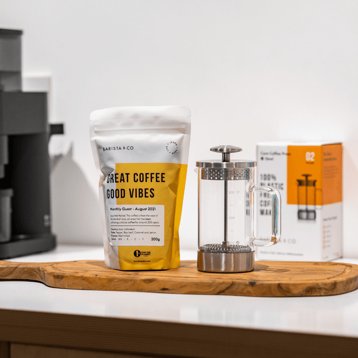 Barista & Co plastic free small cafetiere stainless steel and glass beaker with a bag of coffee beans